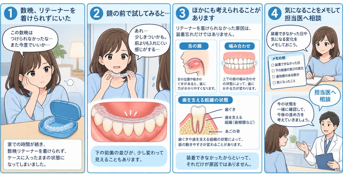 リテーナーを忘れて歯が動いた？矯正後の後戻りの原因と相談目安